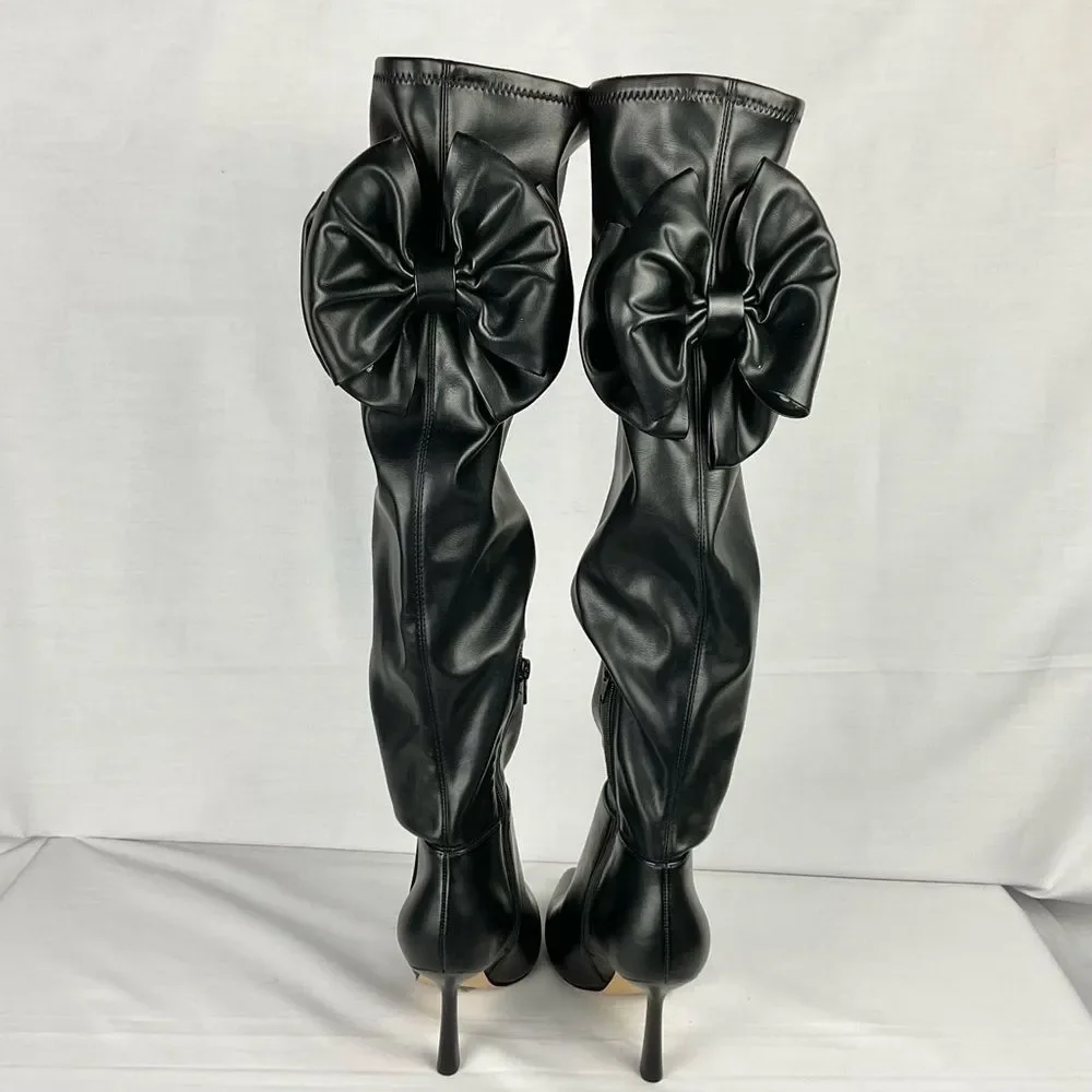 Gianni Bini Delilah Black Boots Sz 6 Bow Back Stretch Over-the-Knee New